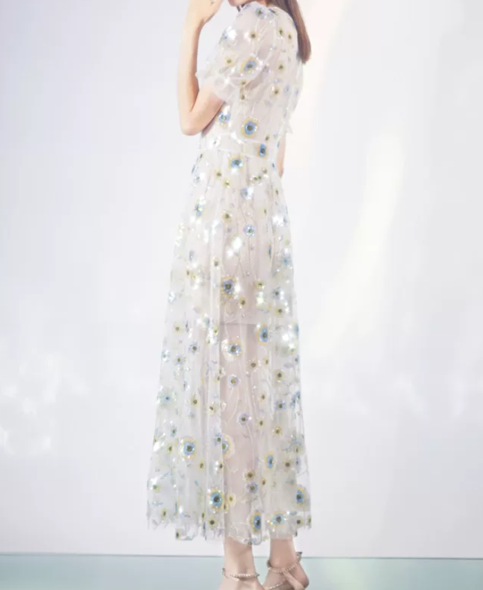 Playful V Neck Floral Prom Dress Short Sleeve Sequins A-Line Evening Dress C9186