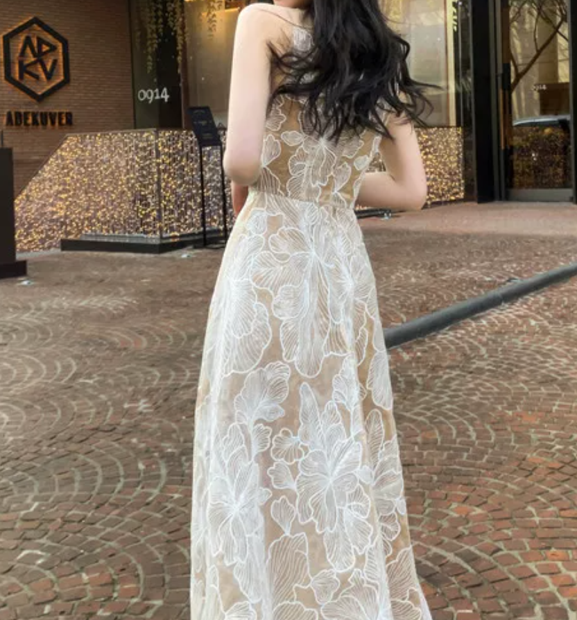 Vintage Illusion Neck Floral Prom Dress Sequins A-Line Evening Dress C9188
