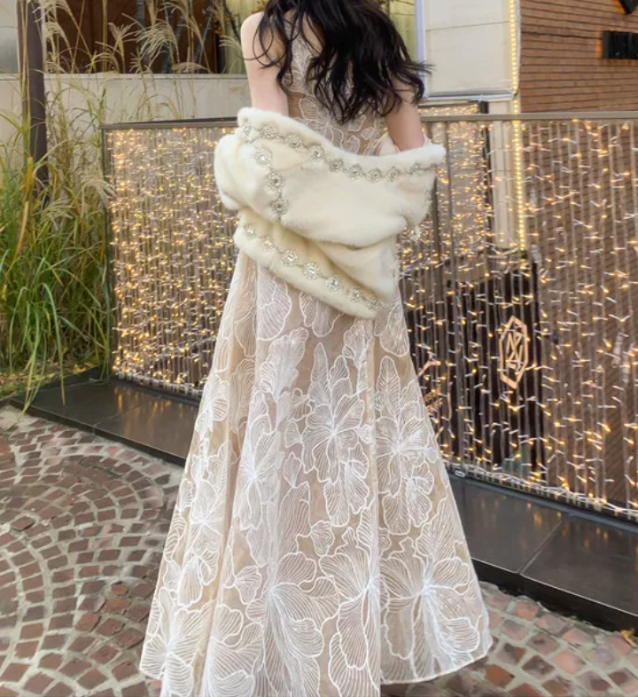 Vintage Illusion Neck Floral Prom Dress Sequins A-Line Evening Dress C9188