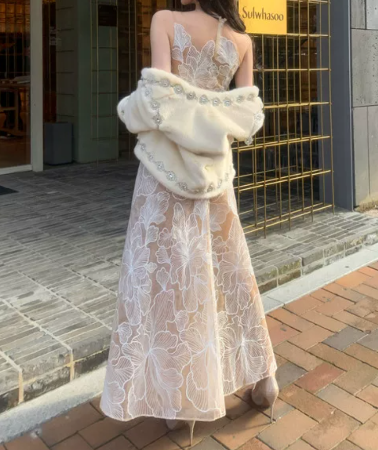 Vintage Illusion Neck Floral Prom Dress Sequins A-Line Evening Dress C9188