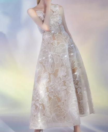 Vintage Illusion Neck Floral Prom Dress Sequins A-Line Evening Dress C9188
