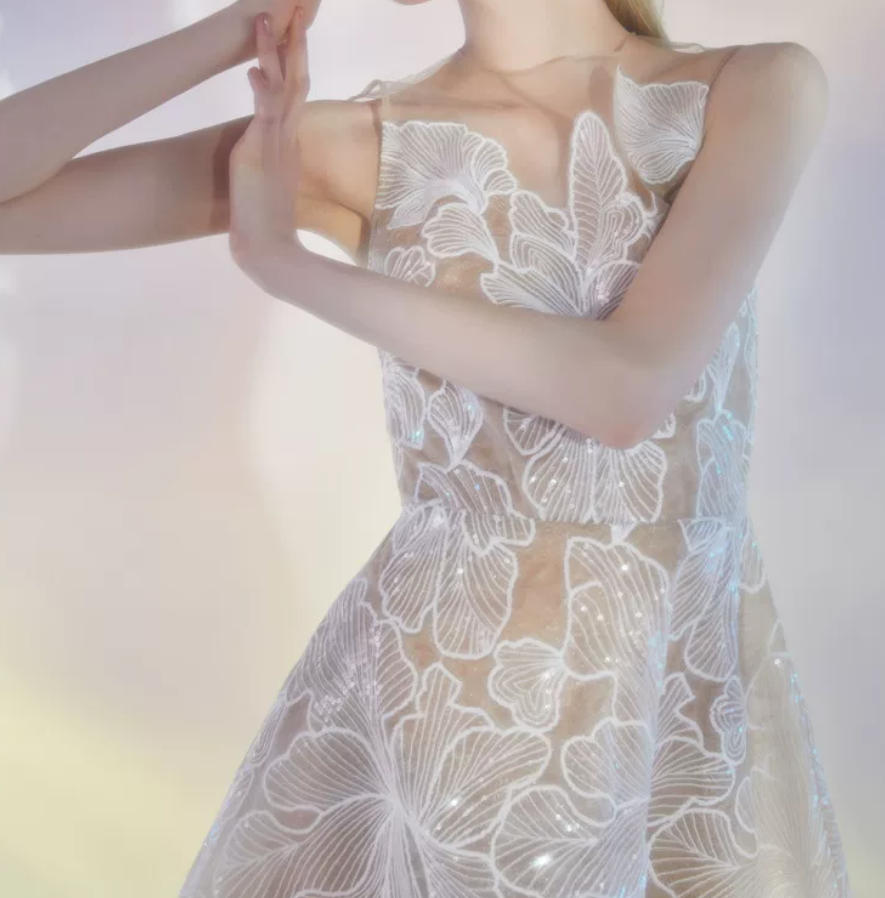 Vintage Illusion Neck Floral Prom Dress Sequins A-Line Evening Dress C9188