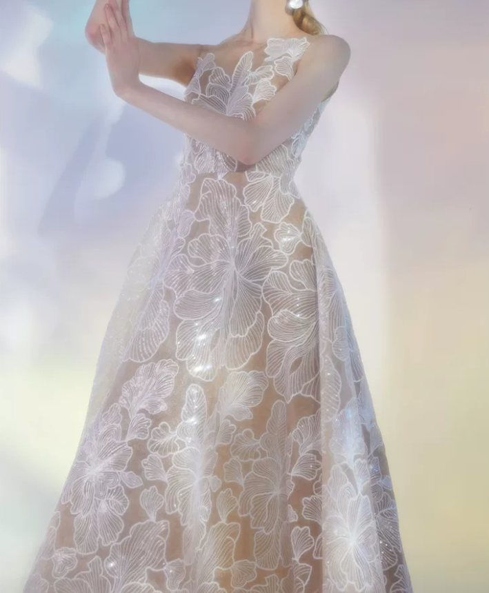 Vintage Illusion Neck Floral Prom Dress Sequins A-Line Evening Dress C9188