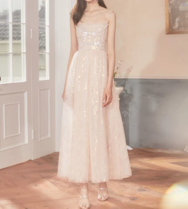 Elegant Spaghetti Straps Prom Dress White Sequins A-Line Evening Dress C9189