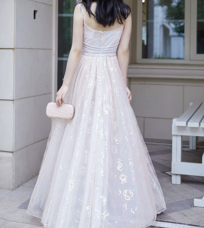 Elegant Spaghetti Straps Prom Dress White Sequins A-Line Evening Dress C9189