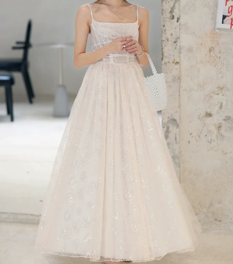 Elegant Spaghetti Straps Prom Dress White Sequins A-Line Evening Dress C9189