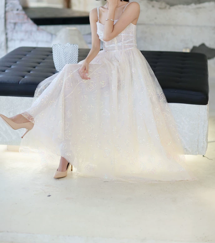 Elegant Spaghetti Straps Prom Dress White Sequins A-Line Evening Dress C9189