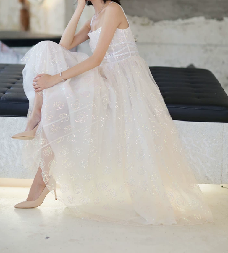 Elegant Spaghetti Straps Prom Dress White Sequins A-Line Evening Dress C9189