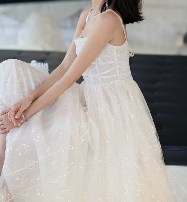 Elegant Spaghetti Straps Prom Dress White Sequins A-Line Evening Dress C9189