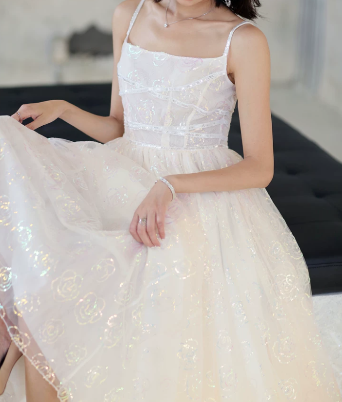 Elegant Spaghetti Straps Prom Dress White Sequins A-Line Evening Dress C9189