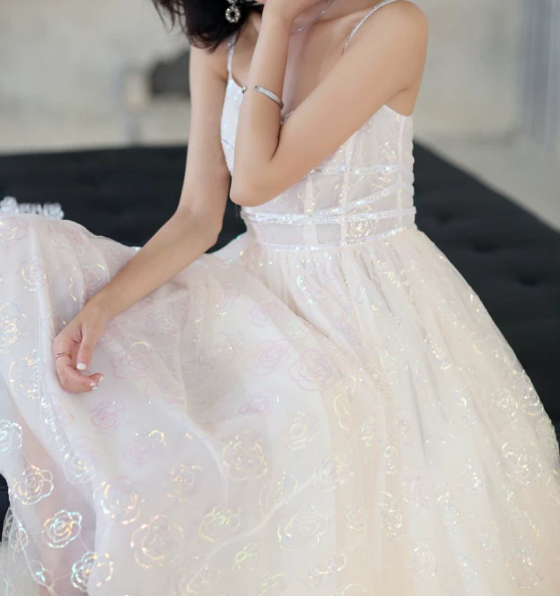 Elegant Spaghetti Straps Prom Dress White Sequins A-Line Evening Dress C9189