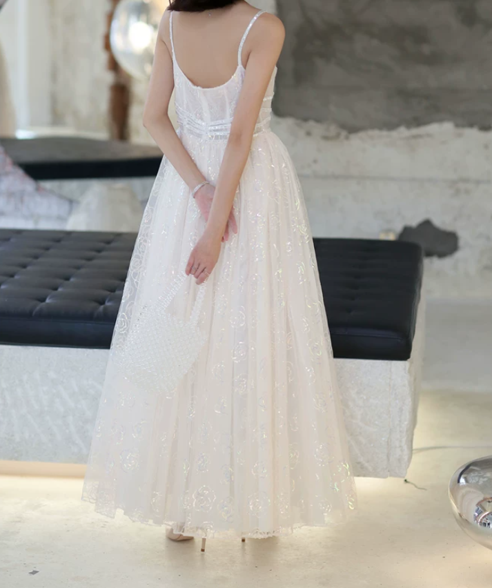 Elegant Spaghetti Straps Prom Dress White Sequins A-Line Evening Dress C9189
