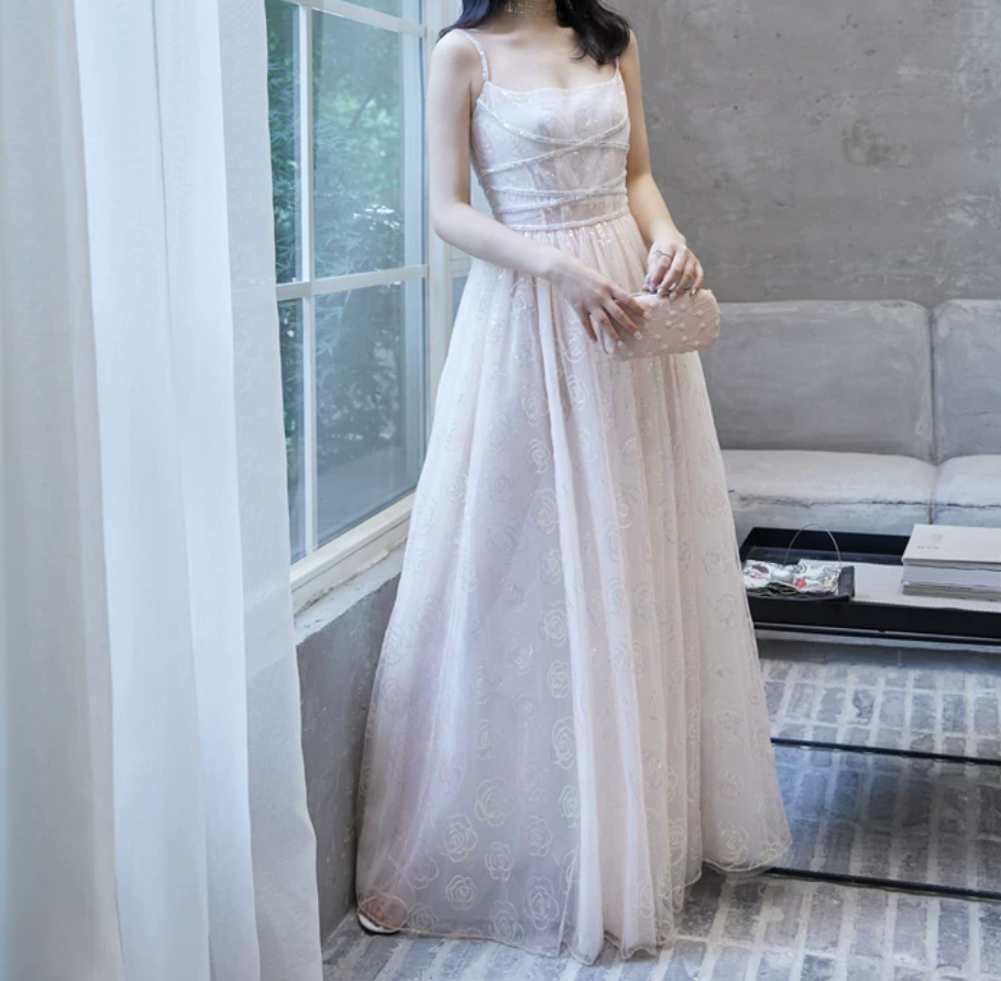 Elegant Spaghetti Straps Prom Dress White Sequins A-Line Evening Dress C9189
