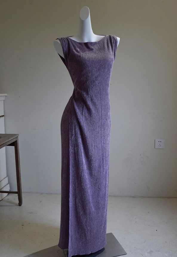 Vintage Jewel Neck Prom Dress Purple Sleeveless Sheath Evening Dress C9192