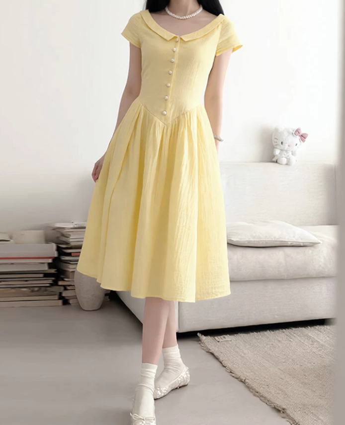 Cute Jewel Neck Yellow Homecoming Dress Short Sleeve A-Line Party Dress C9193