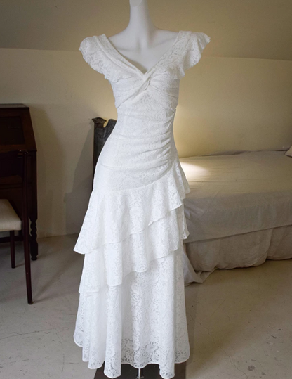 Unique V Neck Wedding Dresses Tiered Lace A-Line Bridal Dress C9194