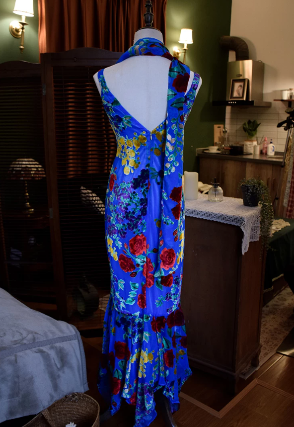 Charming Spaghetti Straps Blue Prom Dress Floral Mermaid Evening Dress C9198