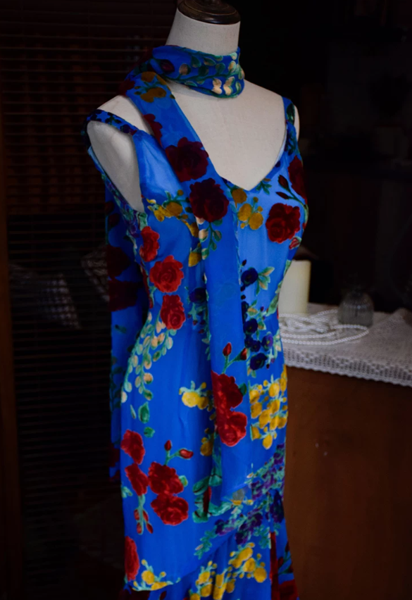 Charming Spaghetti Straps Blue Prom Dress Floral Mermaid Evening Dress C9198