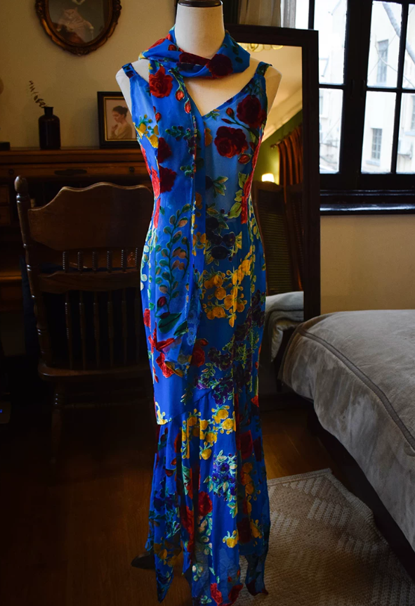 Charming Spaghetti Straps Blue Prom Dress Floral Mermaid Evening Dress C9198