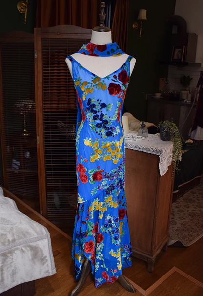Charming Spaghetti Straps Blue Prom Dress Floral Mermaid Evening Dress C9198