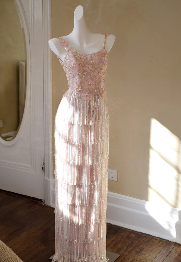 Glittering Spaghetti Straps Pink Prom Dress Floral Sequins Tassel Mermaid Evening Dress C9205