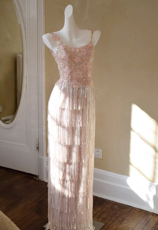 Glittering Spaghetti Straps Pink Prom Dress Floral Sequins Tassel Mermaid Evening Dress C9205