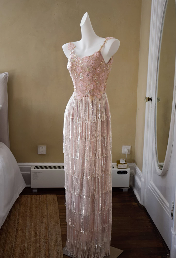 Glittering Spaghetti Straps Pink Prom Dress Floral Sequins Tassel Mermaid Evening Dress C9205