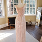 Glittering Spaghetti Straps Pink Prom Dress Floral Sequins Tassel Mermaid Evening Dress C9205