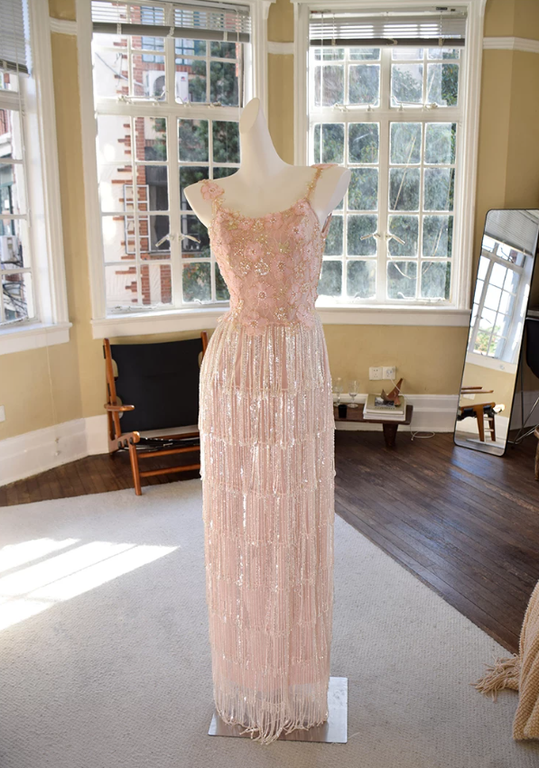 Glittering Spaghetti Straps Pink Prom Dress Floral Sequins Tassel Mermaid Evening Dress C9205