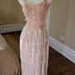 Glittering Spaghetti Straps Pink Prom Dress Floral Sequins Tassel Mermaid Evening Dress C9205
