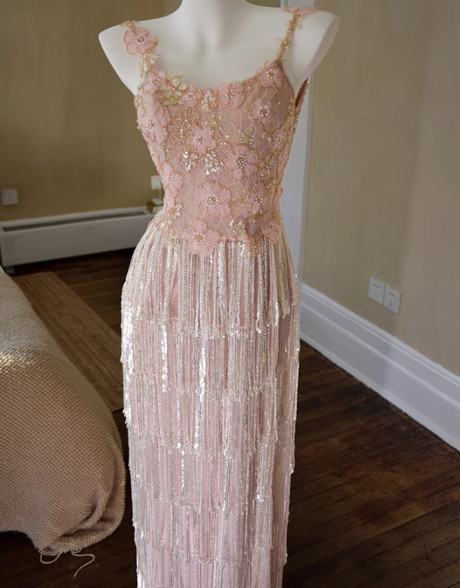 Glittering Spaghetti Straps Pink Prom Dress Floral Sequins Tassel Mermaid Evening Dress C9205