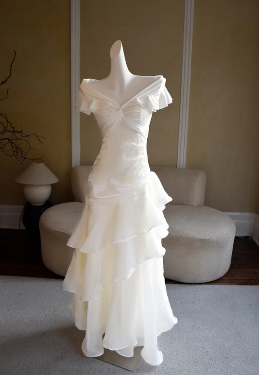 Unique Off-Shoulder Prom Dress Ruffles Tiered Mermaid Evening Dress C9206