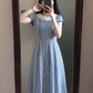 Retro Jewel Neck Blue Prom Dress Short Sleeve A-Line Evening Dress C9210