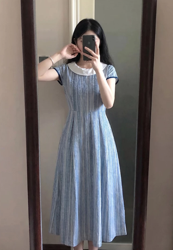 Retro Jewel Neck Blue Prom Dress Short Sleeve A-Line Evening Dress C9210