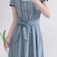 Retro Jewel Neck Blue Prom Dress Short Sleeve A-Line Evening Dress C9210