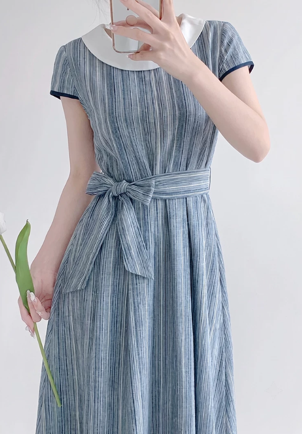 Retro Jewel Neck Blue Prom Dress Short Sleeve A-Line Evening Dress C9210