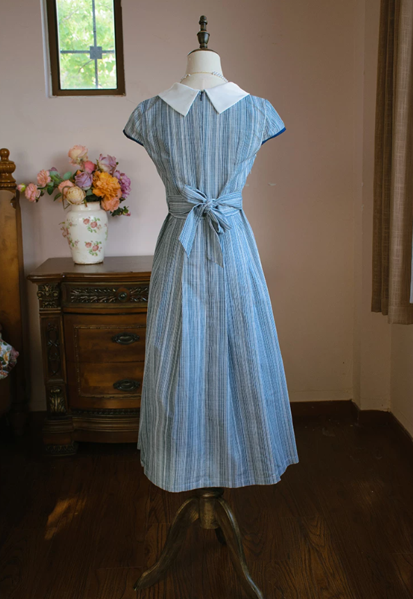Retro Jewel Neck Blue Prom Dress Short Sleeve A-Line Evening Dress C9210