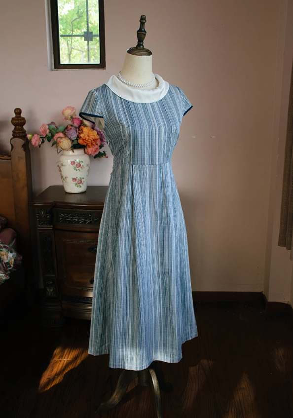 Retro Jewel Neck Blue Prom Dress Short Sleeve A-Line Evening Dress C9210