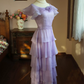 Sweet Jewel Neck Purple Tiered Prom Dress Short Sleeve Ruffles A-Line Evening Dress C9211