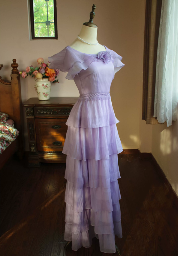 Sweet Jewel Neck Purple Tiered Prom Dress Short Sleeve Ruffles A-Line Evening Dress C9211