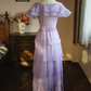 Sweet Jewel Neck Purple Tiered Prom Dress Short Sleeve Ruffles A-Line Evening Dress C9211