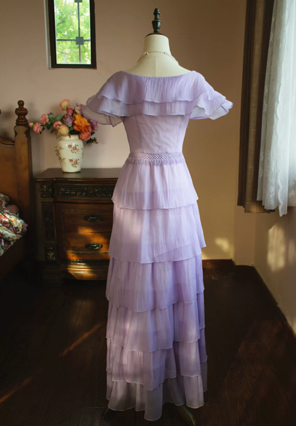 Sweet Jewel Neck Purple Tiered Prom Dress Short Sleeve Ruffles A-Line Evening Dress C9211