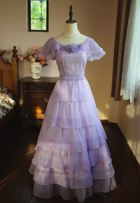 Sweet Jewel Neck Purple Tiered Prom Dress Short Sleeve Ruffles A-Line Evening Dress C9211