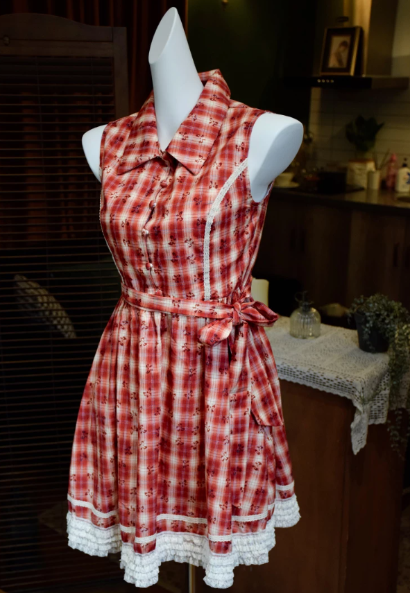 Adorable Lapel Collar Red Homecoming Dress Bow Plaid A-Line Party Dress C9213