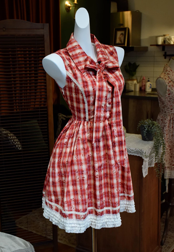 Adorable Lapel Collar Red Homecoming Dress Bow Plaid A-Line Party Dress C9213