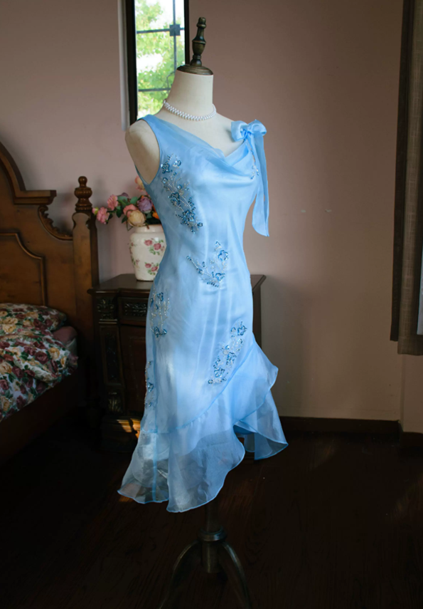 Elegant Spaghetti Straps Blue Homecoming Dress Sequins Ruffles Sheath Party Dress C9214