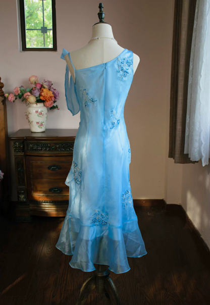 Elegant Spaghetti Straps Blue Homecoming Dress Sequins Ruffles Sheath Party Dress C9214
