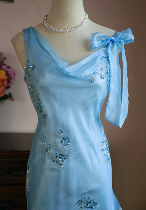 Elegant Spaghetti Straps Blue Homecoming Dress Sequins Ruffles Sheath Party Dress C9214