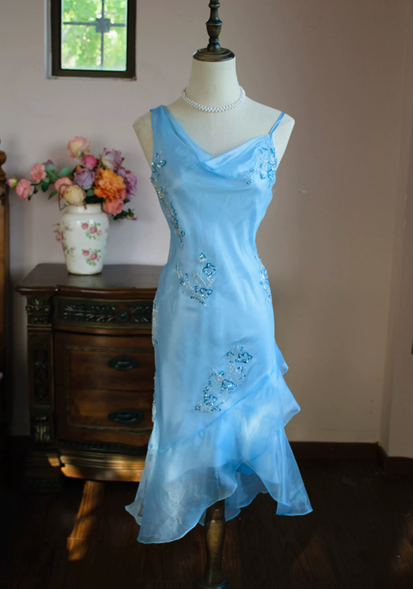 Elegant Spaghetti Straps Blue Homecoming Dress Sequins Ruffles Sheath Party Dress C9214
