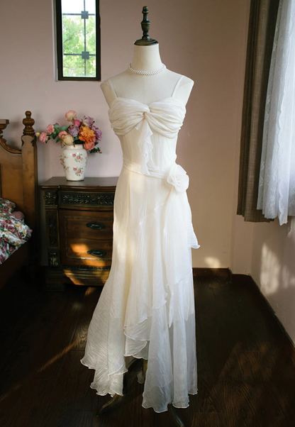 Glam Spaghetti Straps White Prom Dress Ruffles Chiffon Mermaid Evening Dress C9215